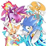  2boys 2girls animal_ears bad_id bad_twitter_id blaze_the_cat blue_eyes cat_ears cat_girl cat_tail cheese_(sonic) clenched_hand cream_the_rabbit dress fire forehead_jewel fox_boy furry furry_female furry_male gloves green_eyes highres looking_at_viewer multiple_boys multiple_girls orange_dress orange_fur pants pink_footwear ponytail purple_fur rabbit_ears rabbit_girl red_footwear simple_background smile sonic_(series) sonic_rush sonic_the_hedgehog tail tails_(sonic) white_background white_gloves white_pants yellow_eyes yotte_gg 
