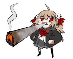  1girl ahoge black_cardigan black_skirt bow bowtie cardigan doobie_ralsei_(meme) evil_neuro-sama grin hair_bow hair_ornament highres indie_virtual_youtuber joint_(drug) long_sleeves meme pasharuu puffy_long_sleeves puffy_sleeves red_bow red_bowtie sharp_teeth skirt skull_hair_ornament smile solo teeth two_side_up virtual_youtuber 