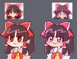  1girl annotated ascot bow bright_pupils chibi closed_mouth clover_(clover11_40) commentary detached_sleeves expressions fang fang_out grey_background hair_bow hair_tubes hakurei_reimu multiple_views red_bow red_eyes red_vest reference_inset simple_background skin_fang smile symbol-only_commentary touhou upper_body vest violet_eyes white_pupils yellow_ascot 