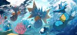  absurdres bottle bubble coral curled_tail evolutionary_line fins fish gara_(qbeuxvii22) highres horns horsea kingdra no_humans pokemon pokemon_(creature) red_eyes scales seadra seahorse tail underwater water 