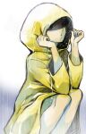  1girl child closed_mouth commentary_request dot_mouth holding_hood little_nightmares_ii looking_at_viewer rain shaded_face sideways_glance six_(little_nightmares) solo squatting tinkle2013 wet yellow_raincoat 