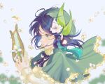  1other androgynous aqua_eyes aqua_hair artist_name bard black_bow bow braid cape collared_cape falling_flower flower genshin_impact gradient_hair green_cape hair_flower hair_ornament holding_lyre lyre multicolored_hair petals side_braids solo twin_braids venti_(genshin_impact) white_flower yxhd5725 