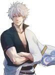  1boy 2_o_tori black_jacket closed_mouth collarbone crossed_arms gintama grey_hair highres jacket light_smile male_focus pectoral_cleavage pectorals red_eyes robe sakata_gintoki short_sleeves simple_background solo twitter_username white_background white_robe 