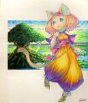  1girl animal_ears blue_eyes capelet caravan_stories cat_ears cat_girl cat_tail character_request check_copyright clothing_request copyright_request furry furry_female highres leg_up nature pink_hair shoes solo tail tamanosuke traditional_media tree whiskers 