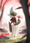  blurry blurry_foreground brown_neckerchief colored_skin commentary diviously english_commentary flower gallade green_hair highres holding holding_flower lily_pad neckerchief orange_eyes pokemon pokemon_(creature) red_flower ripples standing wading water white_skin 