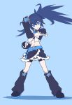 1girl 32zzz black_arm_warmers black_hair black_rock_shooter black_rock_shooter_(character) black_shorts black_skirt blue_background blue_eyes bow cosplay cure_black cure_black_(cosplay) detached_sleeves earrings fingerless_gloves frilled_shirt frilled_skirt frills futari_wa_precure gloves hair_between_eyes highres jewelry long_sleeves magical_girl midriff navel precure shirt shorts skirt solo star_(symbol) star_earrings twintails uneven_twintails white_bow
