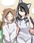  2girls ^_^ animal_ear_hood black_hair blush character_name closed_eyes closed_mouth commentary_request freckles grey_hair hair_between_eyes hand_on_another&#039;s_head hood hood_up ichihara_seri ichinose_ruri kimi_to_tsuzuru_utakata long_hair long_sleeves multiple_girls official_art onesie open_mouth sitting sleeves_past_elbows smile textless_version yellow_eyes yuama_(drop) 