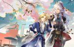  2boys absurdres animal_ears animal_on_head architecture armor belt bird bishounen black_gloves blonde_hair cherry_blossoms closed_eyes crossed_arms east_asian_architecture fingerless_gloves gloves guilingshy hair_between_eyes highres honkai:_star_rail honkai_(series) jing_yuan long_hair long_sleeves male_focus multicolored_hair multiple_boys on_head open_mouth outdoors pants parted_bangs ponytail smile tassel white_hair yanqing_(honkai:_star_rail) yellow_eyes 