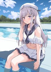  1girl :o anchor_print bare_shoulders blush bow commentary_request crop_top detached_sleeves frilled_shirt frilled_skirt frills grey_hair hair_bow hair_ornament hairclip hat highres long_hair looking_at_viewer navel original outdoors poolside rasahan sailor_collar shirt sitting skirt solo swimsuit violet_eyes wading white_hat white_shirt white_skirt 