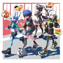  4girls anby_demara belle_(zenless_zone_zero) blue_skin boots bowl burger candy candy_wrapper cellphone cheese colored_skin dumpling ellen_joe fingerless_gloves fins fish_tail food gloves high_heel_boots high_heels highres holding holding_phone ice_cream inaba_taiju maid maid_headdress meat multiple_girls noodles oni phone ramen shark_girl shark_tail shoes smartphone sneakers soukaku_(zenless_zone_zero) speech_bubble tail zenless_zone_zero 