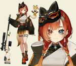  1girl black_jacket black_skirt braid brown_eyes brown_hair earrings fishnets fox fox_mask fox_tail green_eyes gun highres jacket jewelry mascot mask mikami_kon multicolored_eyes pleated_skirt reference_sheet reject_(esports) rifle shirt shoes skirt sniper_rifle tail thighs twin_braids twintails virtual_youtuber weapon white_shirt yuu_(higashi_no_penguin) 