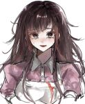  1girl :d apron blush breasts brown_hair collared_shirt danganronpa_(series) danganronpa_2:_goodbye_despair dress_shirt grey_apron highres large_breasts long_hair lower_teeth_only mole mole_under_eye pi_no_(qqy6xxf8zxmbvyy) pink_eyes pink_shirt shirt smile solo teeth tsumiki_mikan upper_body 