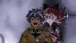  1boy 1girl aj_styles astel_leda behind_another blue_eyes blue_hair commentary constricted_pupils double_bun dress english_commentary gardavwar hair_bun hair_ribbon heterochromia hololive hololive_indonesia holostars kureiji_ollie kureiji_ollie_(1st_costume) meme mixed-language_commentary multicolored_hair object_through_head open_mouth parody patchwork_skin pointing redhead ribbon shaded_face streaked_hair sword_in_head the_undertaker_(wwe) torn_clothes torn_dress unamused undertaker_standing_behind_aj_styles_(meme) virtual_youtuber wwe zombie 