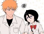  1boy 1girl animal_print bird_print black_hair bleach bow bowtie brown_eyes closed_mouth collared_shirt commentary dress_shirt english_commentary eye_contact eyebrows_hidden_by_hair frown gwao_(_ul_13) head_tilt highres holding holding_pen kuchiki_rukia kurosaki_ichigo looking_at_another medium_hair parted_lips pen red_bow red_bowtie school_uniform shirt short_hair short_sleeves side-by-side simple_background spiky_hair squiggle star_(symbol) straight_hair tsurime upper_body upturned_eyes v-shaped_eyebrows violet_eyes white_background white_shirt 