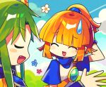  1boy 1girl arle_nadja blunt_bangs brown_hair closed_eyes day demon_horns fang green_hair highres horns long_hair offbeat open_mouth outdoors puyopuyo satan_(puyopuyo) short_hair short_ponytail short_sleeves sweatdrop 