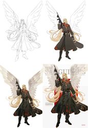  +++ 1boy abstract_background alternate_costume alternate_universe angel_wings artist_name bad_source ben-day_dots black_footwear black_gloves blonde_hair blood blood_angels blood_on_clothes blue_eyes boots character_name chromatic_aberration coat commentary dated english_commentary english_text feathered_wings full_body ginias gloves gun highres holding holding_gun holding_weapon jewelry laurel_crown long_hair making-of male_focus primarch sanguinius screentones signature simple_background smirk solo spread_wings square standing submachine_gun thompson_submachine_gun trench_coat twitter_username violin_case warhammer_40k weapon white_background wings 