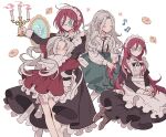  2boys 2girls apron ascot bad_id bad_pixiv_id black_dress blue_eyes braiding_hair brown_footwear candle candlestand checkerboard_cookie closed_eyes closed_mouth collared_dress cookie dress ensemble_stars! feet_out_of_frame fire food frilled_apron frilled_dress frills genderswap genderswap_(mtf) glasses green_skirt grey_hair hair_between_eyes hairdressing highres holding holding_candle hug juliet_sleeves long_hair long_sleeves maid maid_headdress meremero mirror multiple_boys multiple_girls multiple_views musical_note puffy_long_sleeves puffy_sleeves purple_hair ran_nagisa red_dress saegusa_ibara shoes short_hair sitting skirt smile standing white_apron white_ascot white_background 