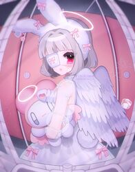  1girl alternate_hair_length alternate_hairstyle angel angel_wings animal_ears apollo_(rinihimme) commentary dress eyepatch fake_animal_ears fish_skeleton fisheye grey_hair halo highres mirror original rabbit_ears rabbit_tail red_eyes ri2.0_(rinihimme) rinihimme short_hair solo stuffed_toy symbol-only_commentary tail white_dress wings 