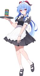  1girl :o absurdres ahoge alternate_costume ankle_socks apron back_bow bare_legs black_dress black_footwear blue_hair bow collared_dress commentary dot_nose dress floating_hair frilled_apron frills full_body ganyu_(genshin_impact) genshin_impact goat_horns gradient_eyes hair_between_eyes highres holding holding_plate horns kenomotsu_yukuwa light_blush long_hair looking_at_viewer maid maid_apron mary_janes multicolored_eyes open_mouth plate pleated_dress puffy_short_sleeves puffy_sleeves red_horns shoes short_sleeves sidelocks simple_background socks standing standing_on_one_leg very_long_hair white_apron white_background white_bow white_socks wrist_cuffs 