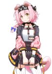  1girl animal_ears arknights black_bow black_collar black_hairband black_skirt blue_bow bow bracelet braid breasts cat_ears cat_girl cat_tail collar commentary_request contrapposto garter_straps goldenglow_(arknights) grey_jacket hair_between_eyes hair_bow hair_ornament hairband hairclip head_tilt high-waist_skirt id_card jacket jewelry lightning_bolt_print long_hair looking_at_viewer miniskirt multicolored_clothes multicolored_jacket open_clothes open_jacket pink_hair pink_jacket pleated_skirt pocket print_bow print_hairband puffy_sleeves shirt side_braid simple_background single_braid skirt sleeves_past_elbows solo tail thigh-highs twitter_username wavy_mouth white_background white_shirt white_thighhighs yellow_eyes youdie 