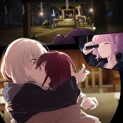  6+girls awa_subaru black_hair black_jacket blush brown_hair brown_jacket chinese_commentary closed_eyes commentary_request ebizuka_tomo girls_band_cry green_eyes grey_hair grey_hoodie highres hina_(girls_band_cry) hood hood_down hoodie hug iseri_nina jacket kawaragi_momoka kiss long_hair multiple_girls night open_clothes open_jacket outdoors pink_hair rupa_(girls_band_cry) scene_reference short_hair short_twintails shrine spyglass standing twintails yun_cao_bing yuri 