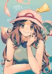  1girl 2024 absurdres artist_name asatte_3z bare_arms bare_shoulders breasts brown_eyes brown_hair closed_mouth dated eevee hand_up hat highres leaf_(pokemon) long_hair looking_at_viewer medium_breasts mew_(pokemon) outline parted_bangs pikachu pokemon pokemon_(creature) pokemon_frlg porkpie_hat smile split_mouth striped_background white_hat white_outline 