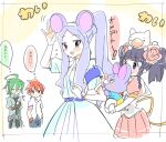  2boys 2girls animal animal_ears armband black_hair dress fake_animal_ears fuga_(pop&#039;n_music) green_hair grey_hair hiumi_(pop&#039;n_music) holding holding_animal long_hair looking_at_another mouse_ears multiple_boys multiple_girls open_mouth pastel-kun ponytail pop&#039;n_music puffy_short_sleeves puffy_sleeves redhead reflec_beat retsu_(pop&#039;n_music) rinka_(pop&#039;n_music) safety_pin sgwyi short_sleeves thought_bubble translation_request white_dress 