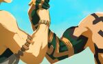  1boy 1girl archaic_set_(zelda) arm_tattoo armlet biceps blue_background bracelet close-up deltoids dress epic_handshake_(meme) handshake hashtag-only_commentary head_out_of_frame jewelry link meme muscular muscular_female muscular_male princess_zelda strapless strapless_dress tattoo the_legend_of_zelda the_legend_of_zelda:_tears_of_the_kingdom topless_male voodoothur 