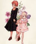  2girls barefoot black_dress blonde_hair breasts dress feet flesh_blood_&amp;_concrete flower freckles full_body height_difference io_(onisarashi) lera_(flesh_blood_&amp;_concrete) long_hair medium_breasts multiple_girls nika_(flesh_blood_&amp;_concrete) pink_dress redhead shoes short_hair small_breasts 