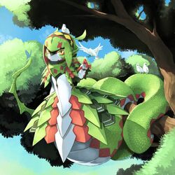  1girl animal_on_head armor bird bird_on_head blue_butterfly branch breastplate bug butterfly clouds cloudy_sky coiled colored_skin expressionless full_body green_scales green_skin hairband highres kamukamu6392 lamia leaf looking_at_viewer monster_girl multicolored_skin on_head original outdoors red_scales red_skin shoulder_armor sky slit_pupils snake_tail solo tail tree very_long_tail white_bird white_scales white_skin yellow_eyes 