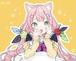  1girl animal_ear_fluff animal_ears bow cardigan cat_ears character_name green_eyes hair_bow hands_on_own_cheeks hands_on_own_face k_www_com long_hair looking_at_viewer low_twintails nijisanji nijisanji_kr off_shoulder open_mouth pink_hair solo twintails very_long_hair virtual_youtuber yang_nari yang_nari_(1st_costume) yellow_cardigan 