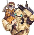  1girl 1other antennae aqua_eyes bag bike_shorts black_shorts blue_eyes blunt_bangs boots brown_footwear chrono_trigger cross-shaped_pupils full_body glasses grey_shirt grey_socks headset helmet hosodayo long_sleeves looking_at_viewer lucca_ashtear neckerchief open_mouth orange_neckerchief orange_tunic purple_hair robo_(chrono_trigger) robot shirt short_hair shorts shoulder_bag smile socks symbol-shaped_pupils twitter_username upper_body waving white_background 