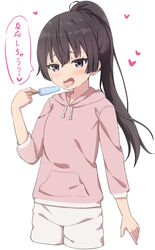  1girl black_hair blush commentary_request cowboy_shot cropped_legs drawstring food hair_between_eyes hand_up heart highres holding holding_food hood hood_down hoodie long_hair long_sleeves original pink_hoodie ponytail popsicle shorts simple_background solo takasuma_hiro tongue tongue_out translation_request very_long_hair violet_eyes white_background white_shorts 