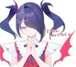  1girl ame-chan_(needy_girl_overdose) black_hair black_ribbon chouzetsusaikawa_tenshi-chan closed_eyes collared_shirt demon_wings facing_viewer hair_ornament hair_over_one_eye hands_up highres interlocked_fingers long_hair neck_ribbon needy_girl_overdose official_art ohisashiburi own_hands_together parted_lips praying red_shirt red_wings ribbon second-party_source shirt simple_background solo suspenders translation_request twintails upper_body white_background wings x_hair_ornament 
