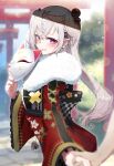  1girl absurdres black_kimono blurry blurry_background blurry_foreground blush braid ear_piercing earrings floral_print_kimono fox_mask frilled_sleeves frills from_side grey_hair hair_ornament heart heart-shaped_pupils highres holding holding_hands holding_mask indie_virtual_youtuber japanese_clothes jewelry kimono long_hair mask mole mole_under_eye multicolored_clothes multicolored_kimono piercing pointy_ears red_kimono sui_hi_sf symbol-shaped_pupils torii tsukishima_cross unworn_mask violet_eyes virtual_youtuber wide_sleeves x_hair_ornament 