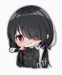  1girl black_hair black_ribbon blush chibi date_a_live goth_fashion hair_between_eyes hair_over_one_eye highres looking_at_viewer low_twintails one_eye_closed red_eyes ribbon solo speech_bubble sweat tokisaki_kurumi twintails yangfan 