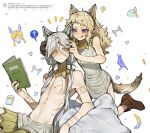  1boy 1girl :q animal_ear_fluff animal_ear_headwear animal_ears arm_tattoo bags_under_eyes blonde_hair book chest_tattoo dungeon_meshi elf fake_animal_ears fake_tail fleki gloves gorget green_eyes grey_hair hair_around_ear hair_tubes highres holding holding_book licking_lips long_hair low_twintails lycion notched_ear nova_1810 pillow pointy_ears single_glove sleeveless tail tattoo tongue tongue_out topless_male tunic twintails violet_eyes white_background wolf_ears wolf_tail 
