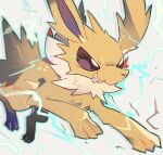  :3 akadako animal_focus bags_under_eyes blue_outline brown_eyes commentary_request dated_commentary electricity grey_background happy jolteon neck_fur no_humans one-hour_drawing_challenge open_mouth outline partial_commentary pokemon pokemon_(creature) running smile solo 
