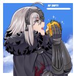  1girl ahoge akio_(akio1124) apple black_cape cape chain clouds commentary_request fate/grand_order fate_(series) food from_side fruit fur-trimmed_cape fur_trim gameplay_mechanics headpiece holding holding_food holding_fruit jeanne_d&#039;arc_alter_(fate) open_mouth sky solo vambraces white_hair yellow_eyes 