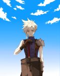 1boy armor backlighting bad_source bisukorokoro blonde_hair blue_eyes blue_sky blue_sweater brown_gloves buster_sword cloud_strife clouds cloudy_sky final_fantasy final_fantasy_vii gloves gradient_background hand_up looking_down male_focus pauldrons planted planted_sword sad_smile short_hair shoulder_armor single_pauldron sky sleeveless sleeveless_sweater sleeveless_turtleneck solo spiky_hair standing suspenders sweater sword third-party_source turtleneck turtleneck_sweater upper_body weapon 