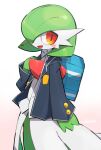  backpack bag blue_bag blue_jacket blush bob_cut collared_shirt dress gardevoir green_hair hair_over_one_eye highres jacket looking_at_viewer makoto_ikemu open_mouth pokemon pokemon_(creature) red_eyes school_uniform shirt smile white_dress white_shirt 