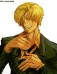  1boy black_jacket black_necktie blonde_hair cigarette closed_eyes collared_shirt curly_eyebrows facial_hair facing_viewer hair_over_one_eye hands_up highres jacket long_sleeves male_focus mouth_hold necktie one_piece orange_shirt rita_ya sanji_(one_piece) shirt short_hair smile solo teeth twitter_username 