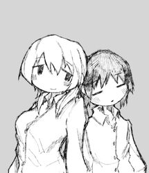  2girls alternate_costume blush breasts chito_(shoujo_shuumatsu_ryokou) closed_eyes closed_mouth collared_shirt greyscale highres large_breasts long_hair looking_at_another low_twintails monochrome multiple_girls nihonmonkeymen shirt shoujo_shuumatsu_ryokou smile twintails yuuri_(shoujo_shuumatsu_ryokou) 