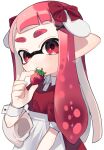  1girl bow food fruit highres holding holding_food holding_fruit inkling_girl inkling_player_character long_hair pointy_ears red_bow red_eyes redhead sahata_saba simple_background solo splatoon_(series) strawberry tentacle_hair thick_eyebrows upper_body white_background wrist_cuffs 
