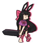  1girl animal_ears barefoot black_dress black_hair blunt_bangs bow brown_eyes capelet chibi closed_mouth colored_shadow commentary dress drop_shadow english_commentary foot_wraps full_body greatsword heavyblade_rabbit holding holding_sword holding_weapon long_hair looking_afar medium_bangs pink_bow pink_ribbon purple_capelet rabbit_and_steel rabbit_ears rabbit_girl ribbon shadow simple_background slascoplerd smile solo sword very_long_hair weapon white_background 