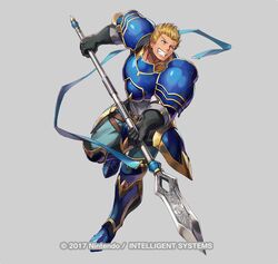  1boy armor black_gloves blonde_hair blue_armor blue_eyes commentary company_name dai-xt fire_emblem fire_emblem:_path_of_radiance fire_emblem_heroes full_body gatrie_(fire_emblem) gloves gold_trim holding holding_polearm holding_weapon male_focus official_art polearm smile solo weapon 