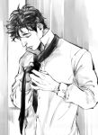  1boy absurdres adjusting_clothes adjusting_necktie big_nose black_hair chuuni_(chuuuuuuuuuuni) closed_mouth dress_shirt dressing greyscale highres higuruma_hiromi jujutsu_kaisen looking_down messy_hair monochrome necktie shirt solo upper_body watermark white_shirt 