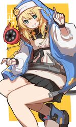  1girl androgyne_symbol aqua_eyes black_gloves blonde_hair blush border bridget_(guilty_gear) commentary cuffs female_focus fingerless_gloves gloves guilty_gear guilty_gear_strive habit hood hood_up hooded_jacket jacket long_sleeves looking_at_viewer medium_hair miniskirt open_clothes shoes skirt smile solo sparkle tsushio white_border yellow_background yo-yo zipper 