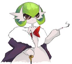  arbok cane cigarette cloak colored_skin dmt_(auburn) dress fur-trimmed_cloak fur_trim gardevoir mega_gardevoir mega_pokemon pokemon pokemon_(creature) simple_background strapless strapless_dress sunglasses white_background white_skin 