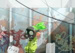 1boy gas_mask graffiti green_hair green_jacket hands_in_pockets highres inkling inkling_boy inkling_player_character jacket koike3582 long_sleeves mask pointy_ears ponytail short_hair solo splash_wall_(splatoon) splat_bomb_(splatoon) splatoon_(series) suction_bomb_(splatoon) tentacle_hair 